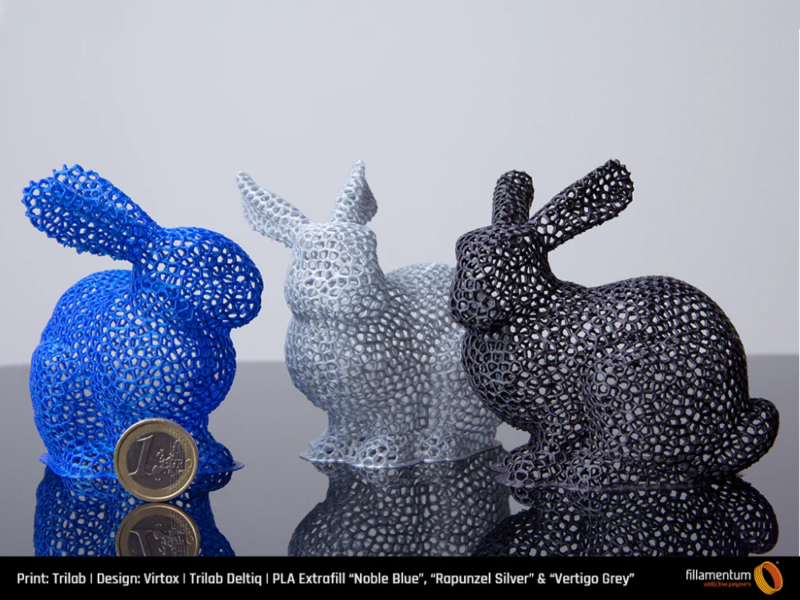 PLA_Extrafill_Noble_Blue_Rapunzel_Silver_Vertigo_Grey_Trilab_Stanford_Easter_Bunny_Voronoi-Portugal-Espana-Evolt-Impressao-3D