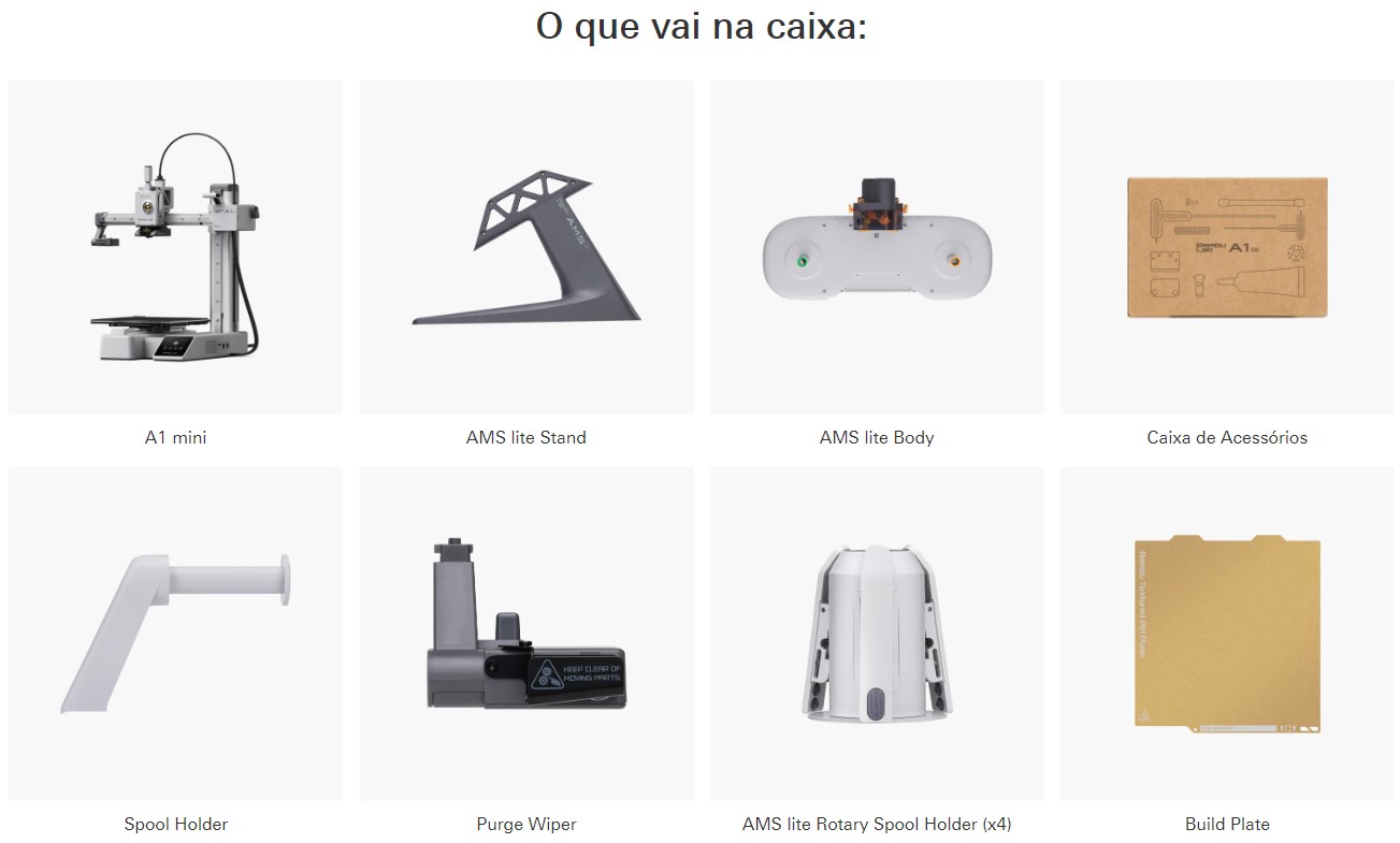 O que vai na caixa: A1 mini Suporte AMS lite AMS lite Body Caixa de Acessórios Suporte de bobina Limpador de purga Suporte rotativo para bobina AMS lite ( x4 ) Build Plate